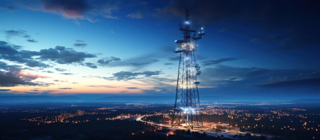 Foto torre di telecomunicazioni con il cielo blu al tramonto