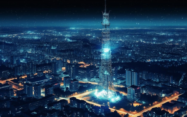 Telecommunications tower city at night communication concept