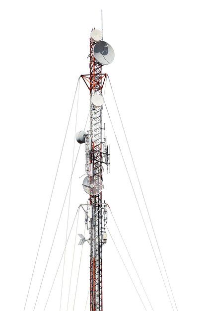 Telecommunications tower with radio and telephone antennas and satellite dishes on white background