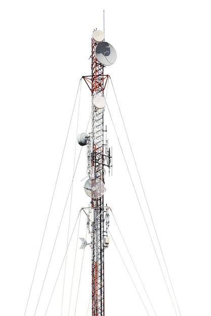 Telecommunications tower with radio and telephone antennas and satellite dishes on white background