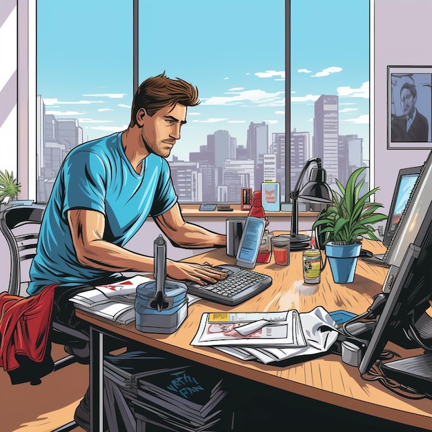 Photo telecommuting man working from home in his desk