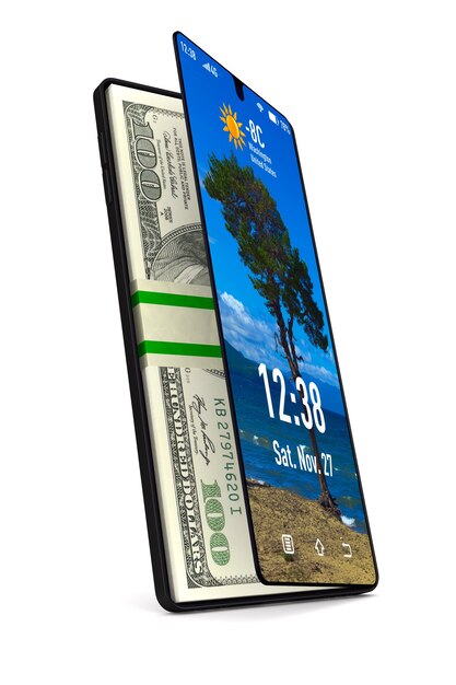 Telefoon en geld. Geïsoleerde 3D-weergave