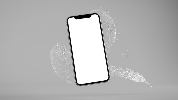 Telefoon en water splash mockup 3D-rendering