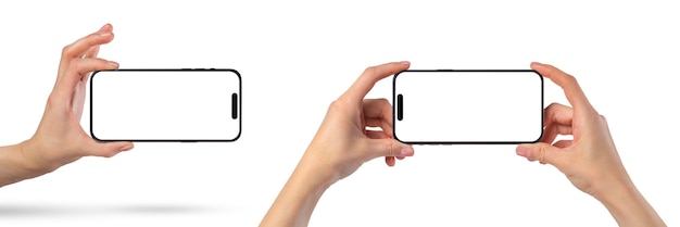 Telefoon in de hand set moderne nieuwe telefoon in de hand geïsoleerd op een witte achtergrond vanuit verschillende invalshoeken mockup