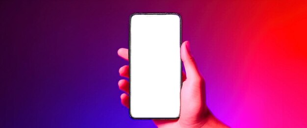 Telefoon in de hand Silhouet van mannelijke hand met randloze smartphone met futuristisch neonlicht