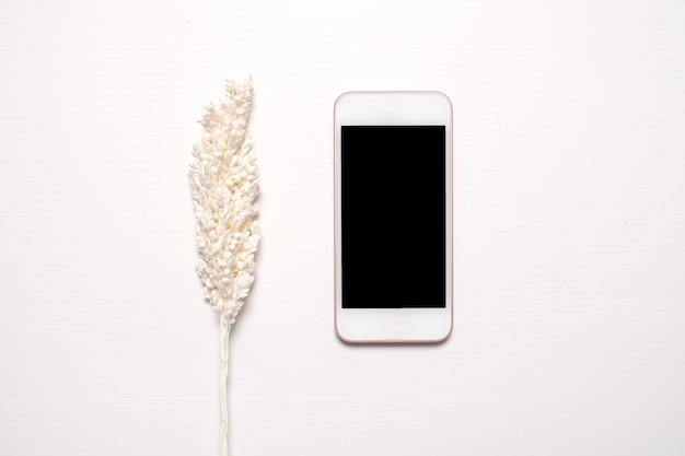 Foto telefoon met een zwart scherm met gedroogde witte bloemen