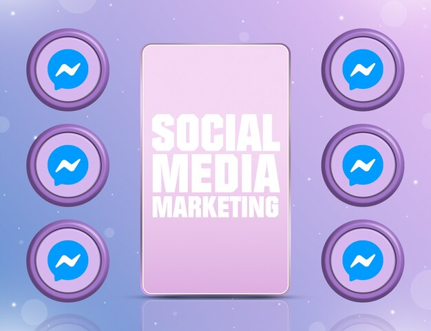 Telefoon met SMM op het scherm en pictogrammen van het sociale netwerk Messenger rond 3d