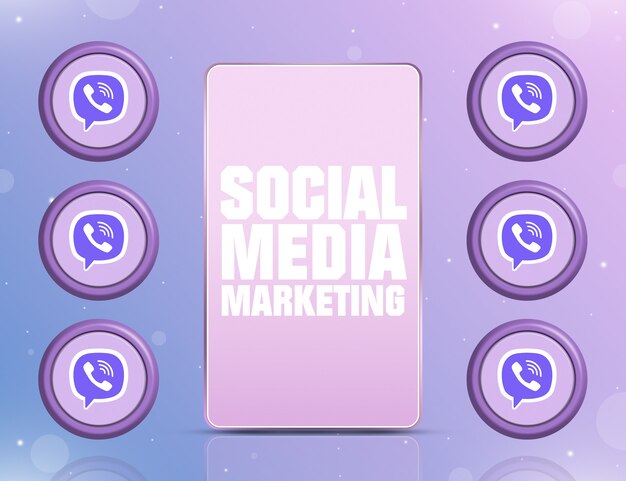 Telefoon met smm op het scherm en pictogrammen van het sociale netwerk viber rond 3d