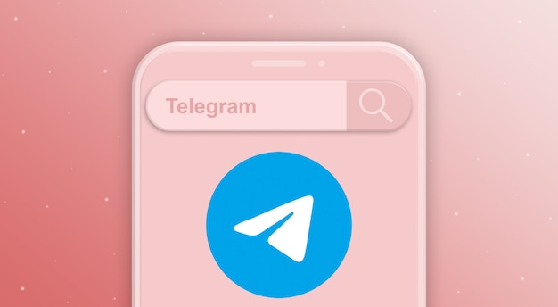 telefoon met zoekbalkverzoek en logo van het sociale netwerktelegram 3d