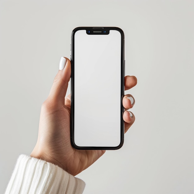 Telefoon mockup in hand clipping pad Studio opname van smartphone met leeg wit scherm Hoogwaardige foto