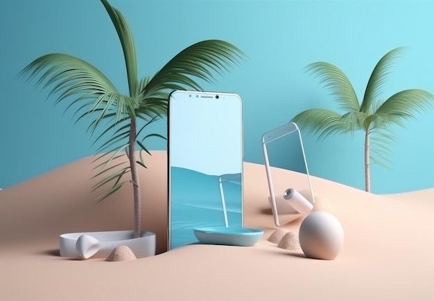 Telefoon zee creatief omhoog zand zomervakantie palm cyber mock concept Generatieve AI