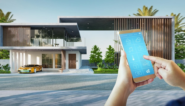 Telefoonbediening met smart home-app in luxe huis