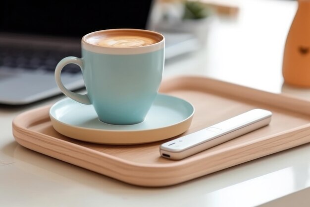 Telefoonkopje koffie en eucalyptus met een laptop conceptenfoto Generatieve ai