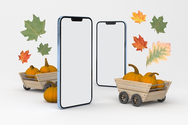 Telefoons 13 Perspectiefzijde op achtergrond met Thanksgiving-thema