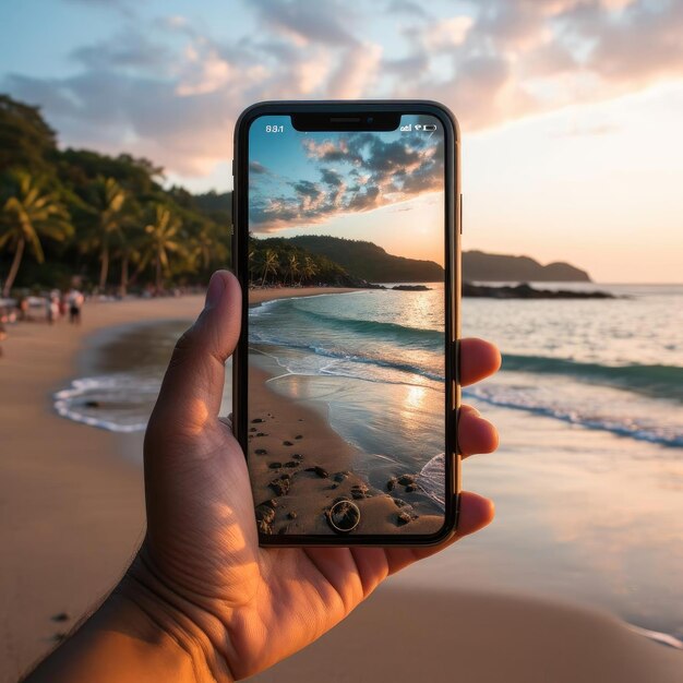 Telefoonstatief voor zonsopgang op het strand