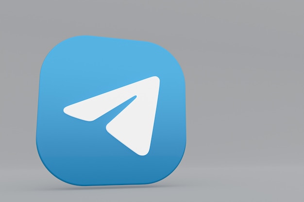 Rendering 3d del logo dell'applicazione telegram su sfondo grigio