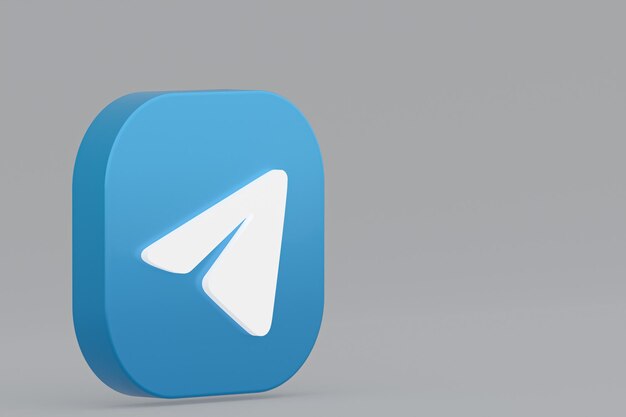 Rendering 3d del logo dell'applicazione telegram su sfondo grigio