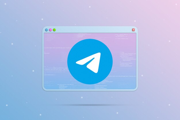 telegram logo icon on the browser window with elements of the program code 3d