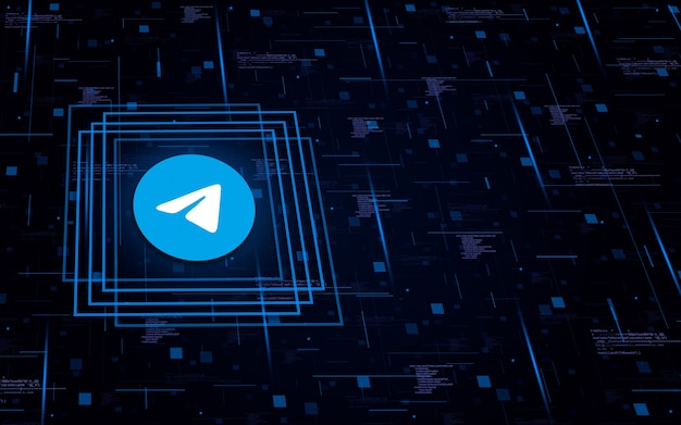 Значок логотипа Telegram на технологическом фоне с элементами кода