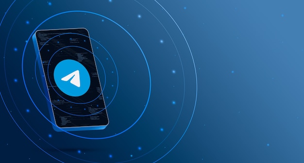 Telegram logo on phone with technological display, smart 3d render