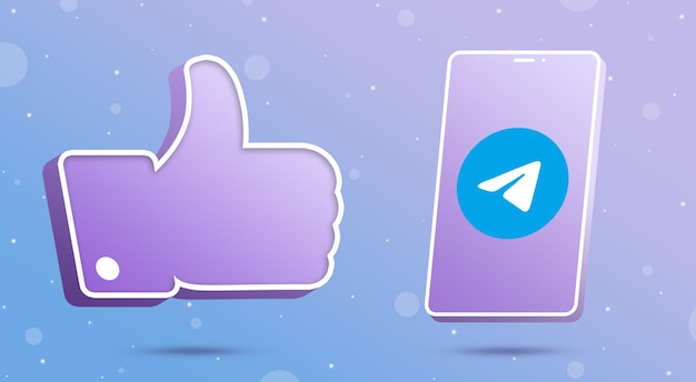 Telegram logo on smartphone with thumbs up like icon 3d