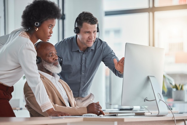 Telemarketing team and employees talking advice and customer service with group new process and system Staff agents or consultants in workplace discussion or corporate training for tech support
