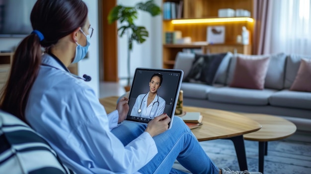 Foto consultazione di telemedicina dottore donna discute la diagnosi con il medico anziano sullo schermo del portatile