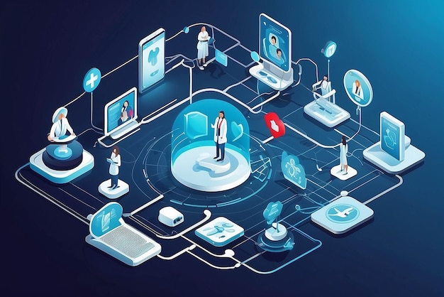 Telemedicine medical treatment and online healthcare services isometric network of concepts