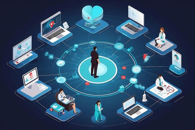 Photo telemedicine medical treatment and online healthcare services isometric network of concepts