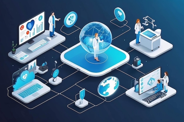 Telemedicine medical treatment and online healthcare services isometric network of concepts