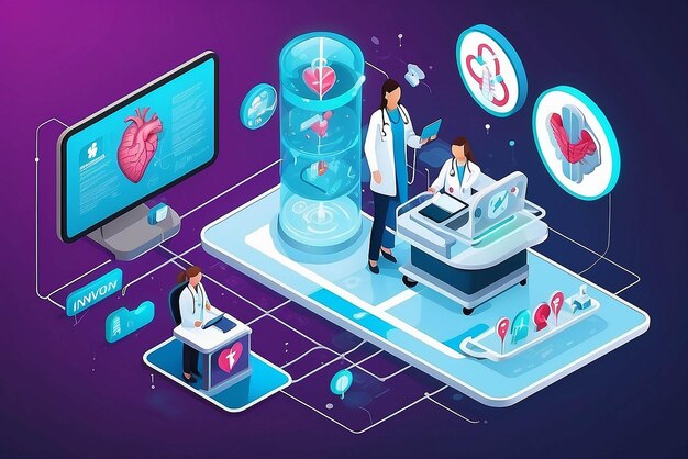 Photo telemedicine medical treatment and online healthcare services isometric network of concepts