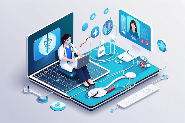 Photo telemedicine medical treatment and online healthcare services isometric network of concepts