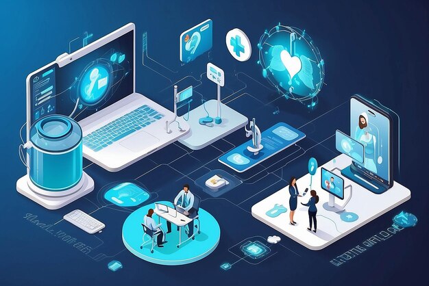 Photo telemedicine medical treatment and online healthcare services isometric network of concepts