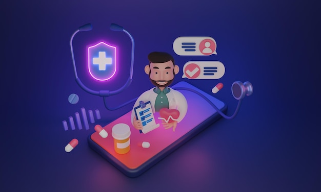 Telemedicine and remote healthcare for distant medical help 3D illustration