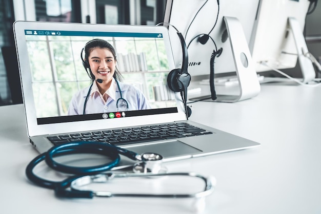 Photo telemedicine service online video call for doctor to actively chat with patient