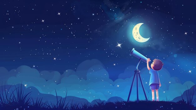 Photo in a telescope a curious little boy waves to friendly moon and stars on a dark night sky with the milky way this illustration is related to astronomy science space observation hobby or studying