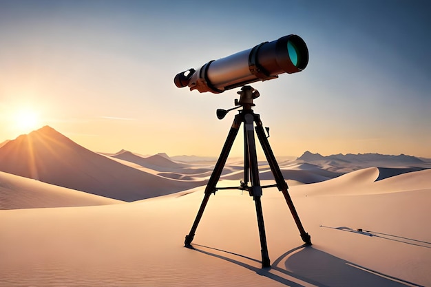 A telescope in the desert with the sun setting behind it