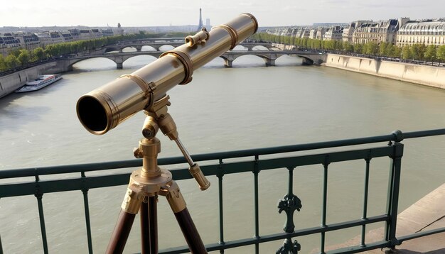A telescope in front of a rail overlooking Paris and the Seine River