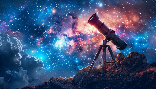 Photo a telescope is set up on a rocky hillside looking up at the stars by ai generated image