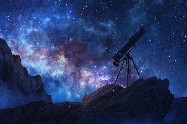 望遠鏡が星の夜空にシルエットを描いています