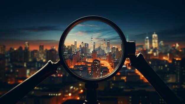 Telescope overlooking a cityscape at night with stars and clouds in the sky