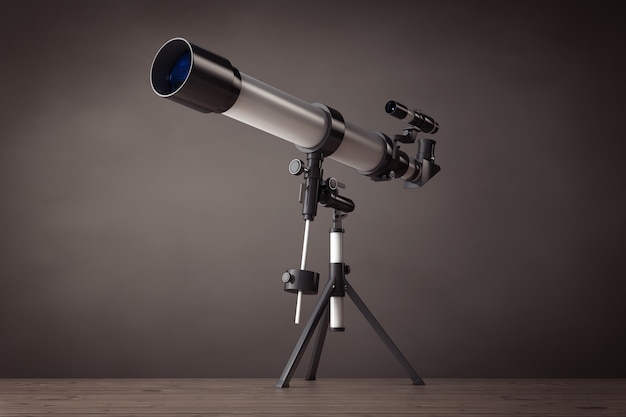 Telescope on Tripod on a vintage wooden floor. 3d Rendering