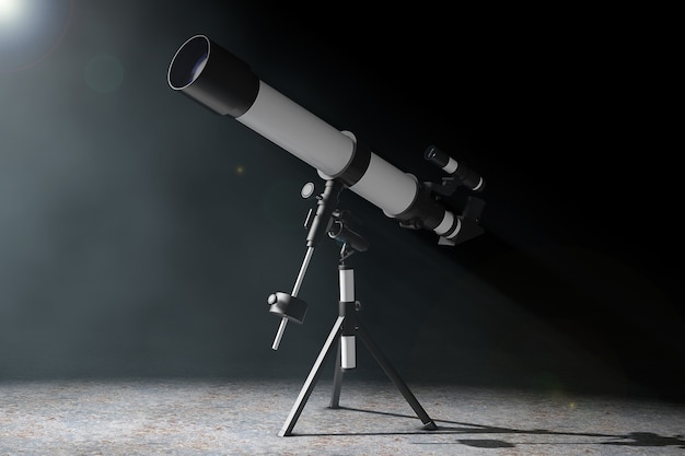 Telescope on Tripod in the volumetric light on a black background. 3d Rendering