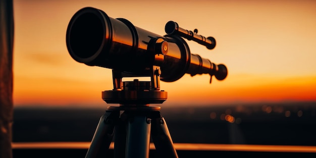 A telescope with the sun setting behind it