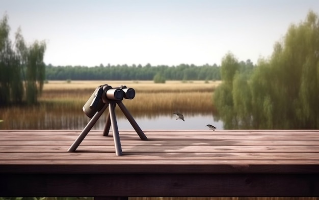 A telescope on a wooden deck with a bird flying by.