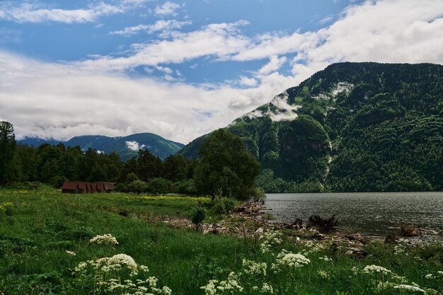 Teletskoye-meer in Altai-bergen, Siberië, Rusland. Schoonheid zomerochtend.