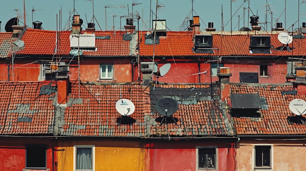 Televisie-antennas op daken die telecommunicatie vertegenwoordigen.