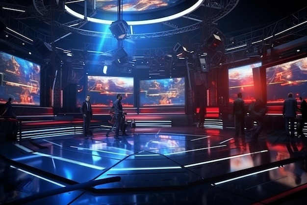 Television broadcasting studio with anchors and Generative ai