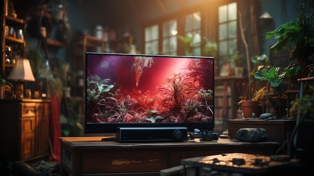 Photo television and houseplants in room scene with lighting effect