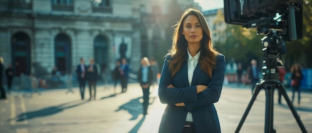 Television News Live Report Split Screen Edit Anchorwoman speaks with correspondent reporting outside parliament court government politics economy Television Program on Cable Channel Concept